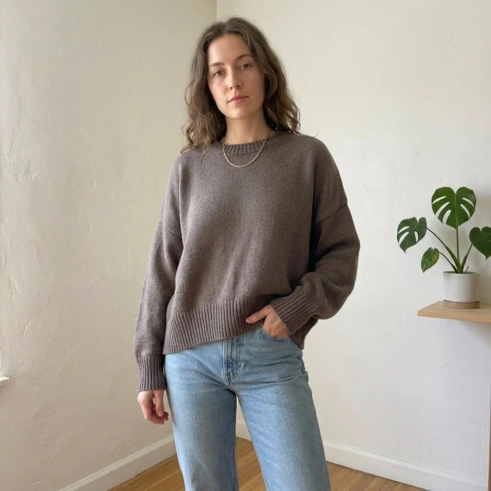 Quince Organic Cotton Boyfriend Crew Sweater Womens Large Brown Ribbed Oversized